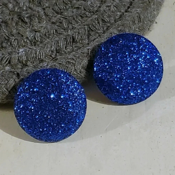 Retro 80s Club Glam Disco Sparkly Cobalt Blue Fabric Button Earrings - Picture 3 of 10